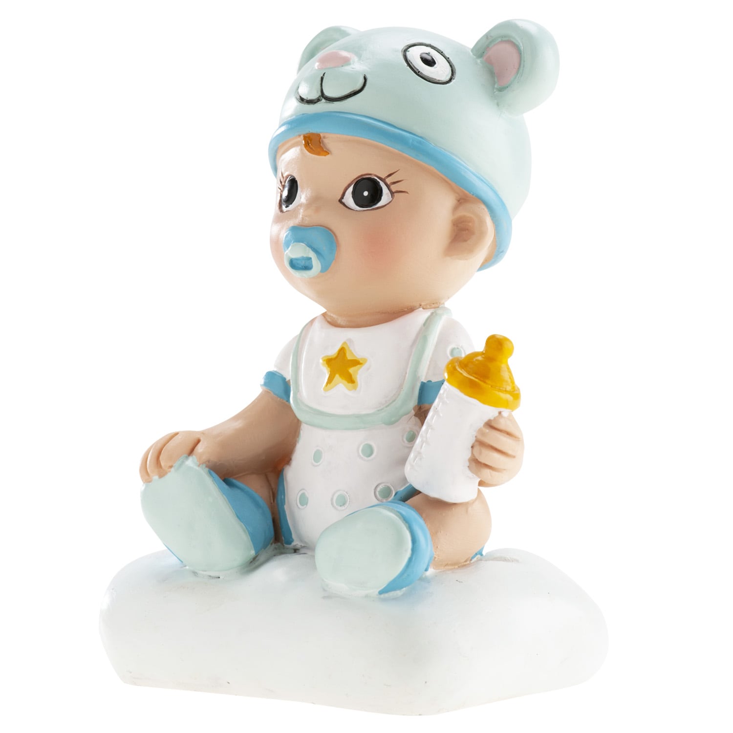Taartdecoratie - Baby in blauw met flesje 9 cm