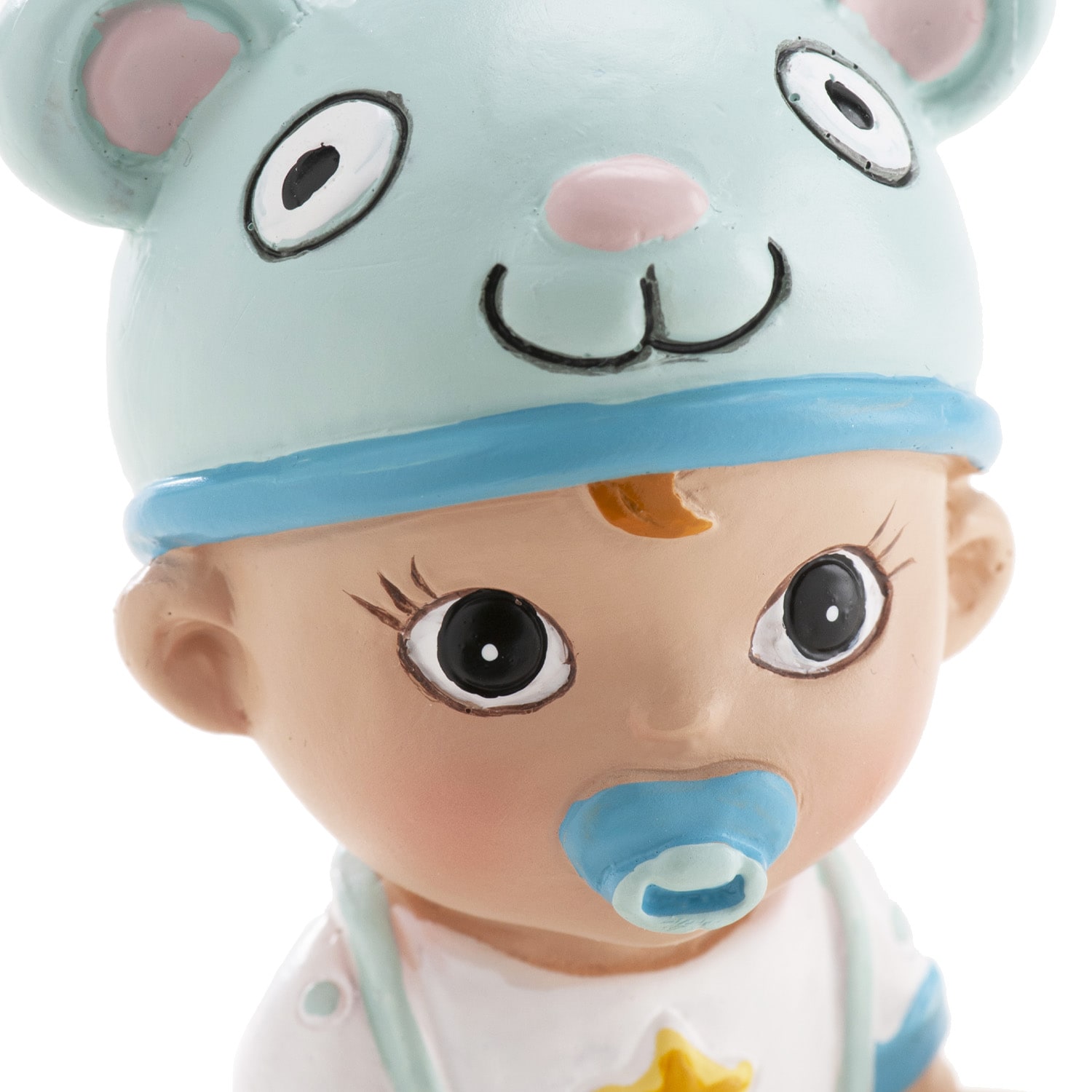 Taartdecoratie - Baby in blauw met flesje 9 cm