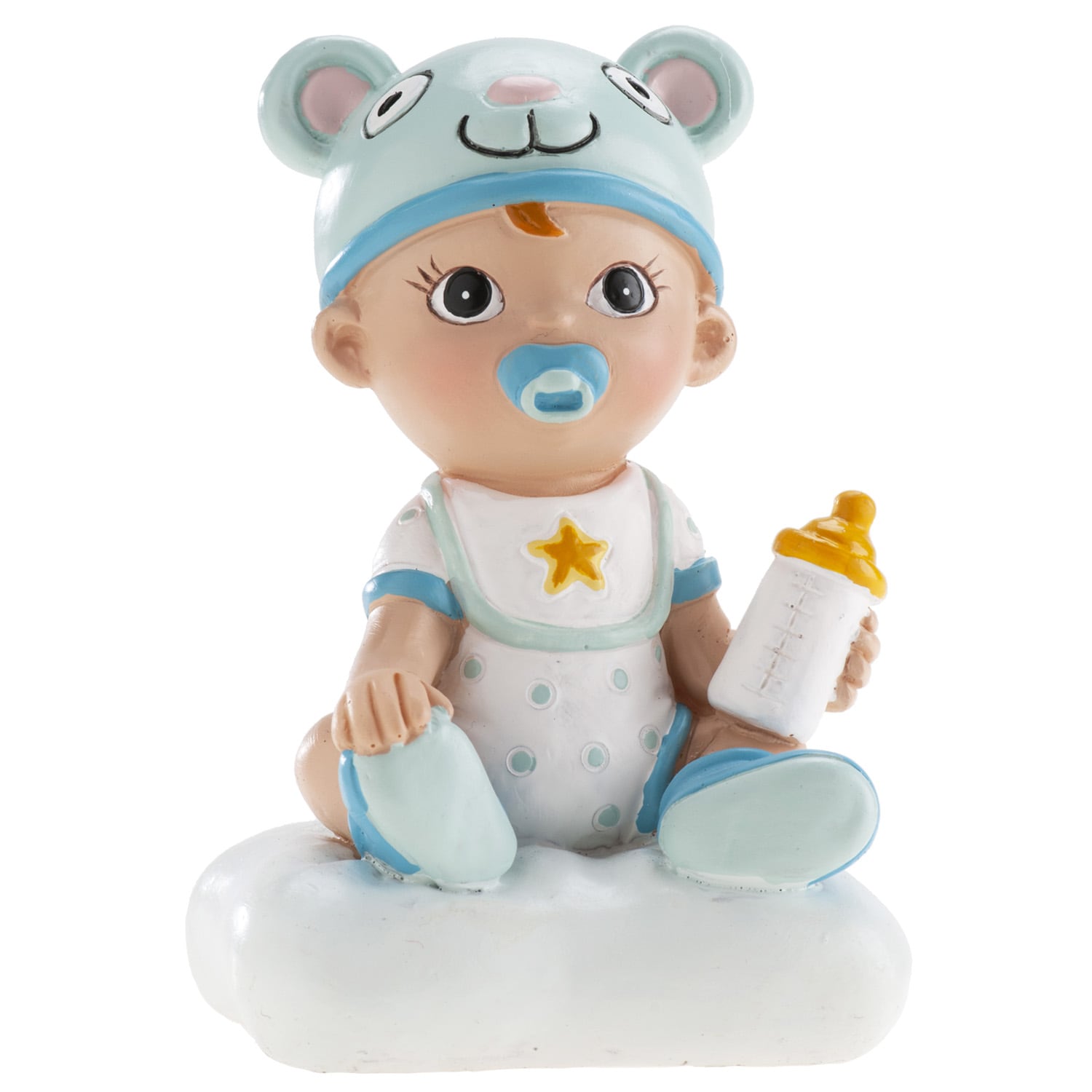 Taartdecoratie - Baby in blauw met flesje 9 cm