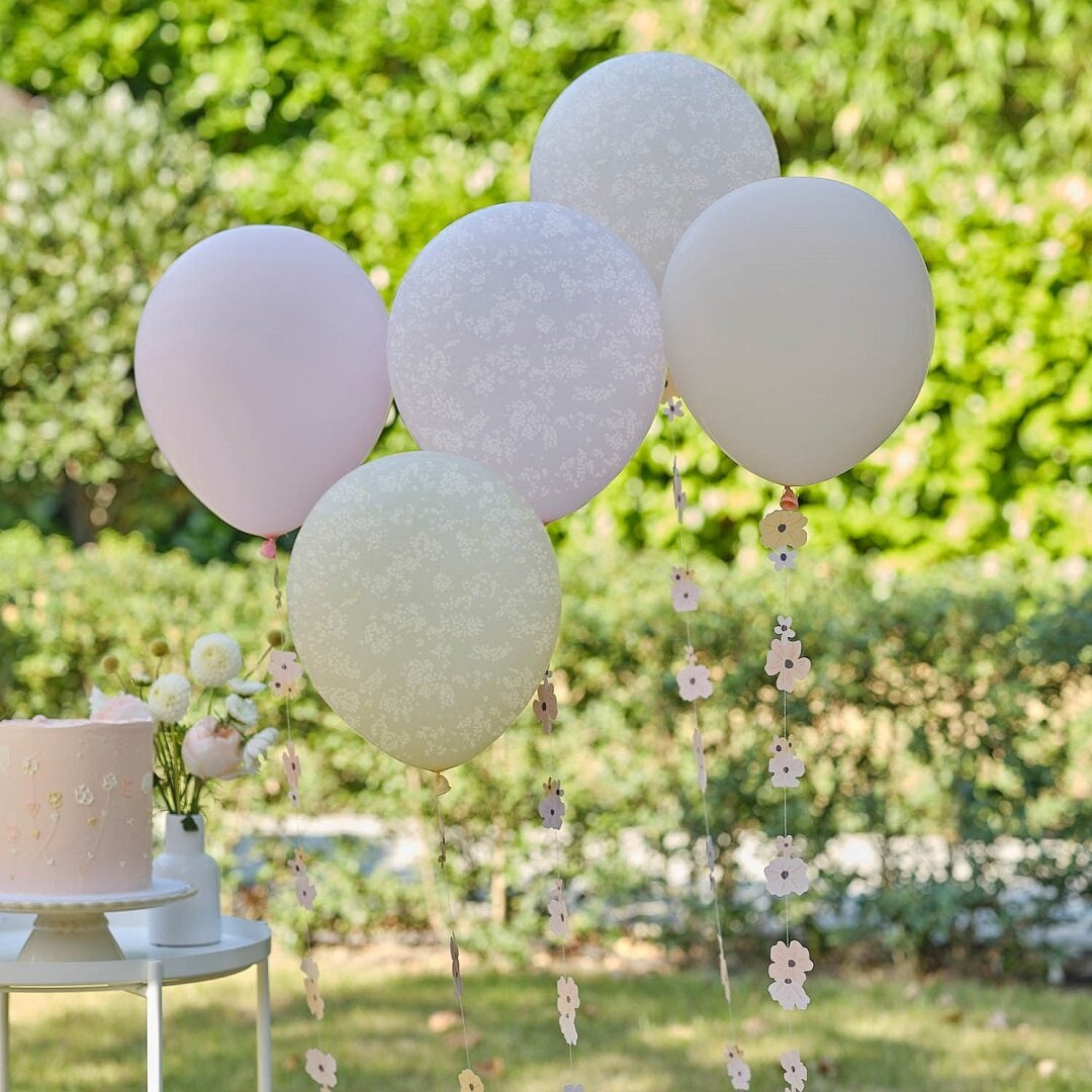 Roze Bloemen - Ballonnen met ballonstaarten 5 stuks