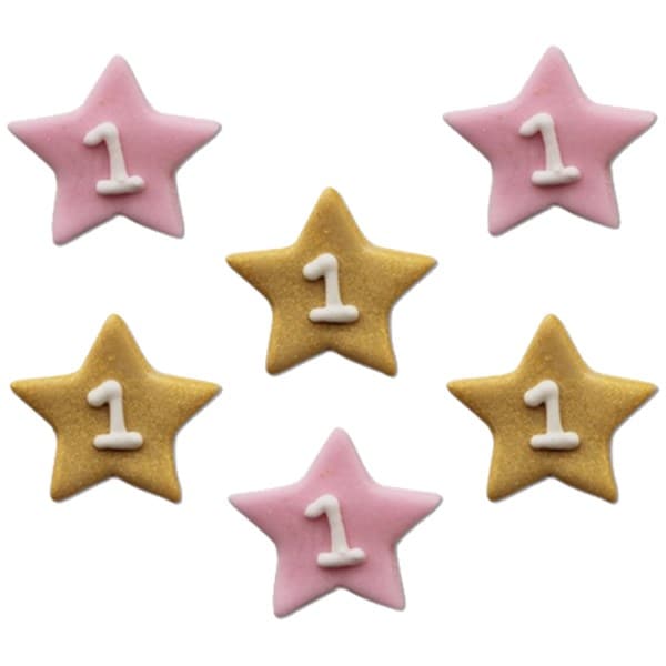 Suikerdecoraties - 1 jaar roze/goud 6 stuks