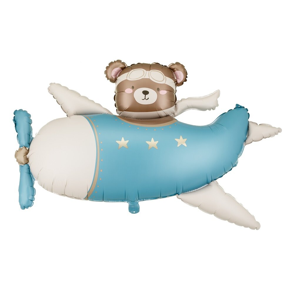Folieballon Teddybeer in een blauw vliegtuig 94 cm
