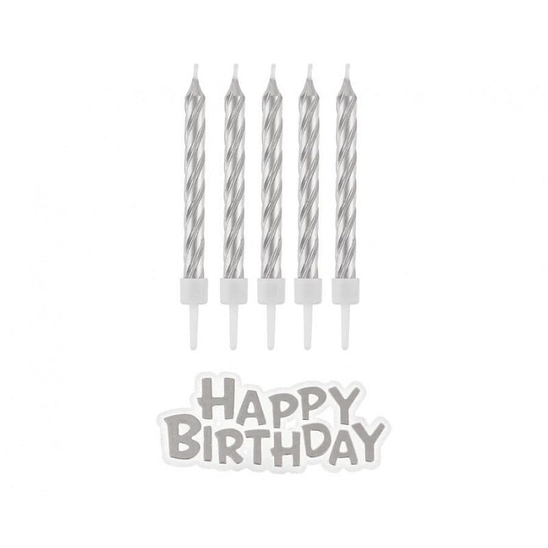 Taart Kaars Zilver 16 stuks met Happy Birthday bord